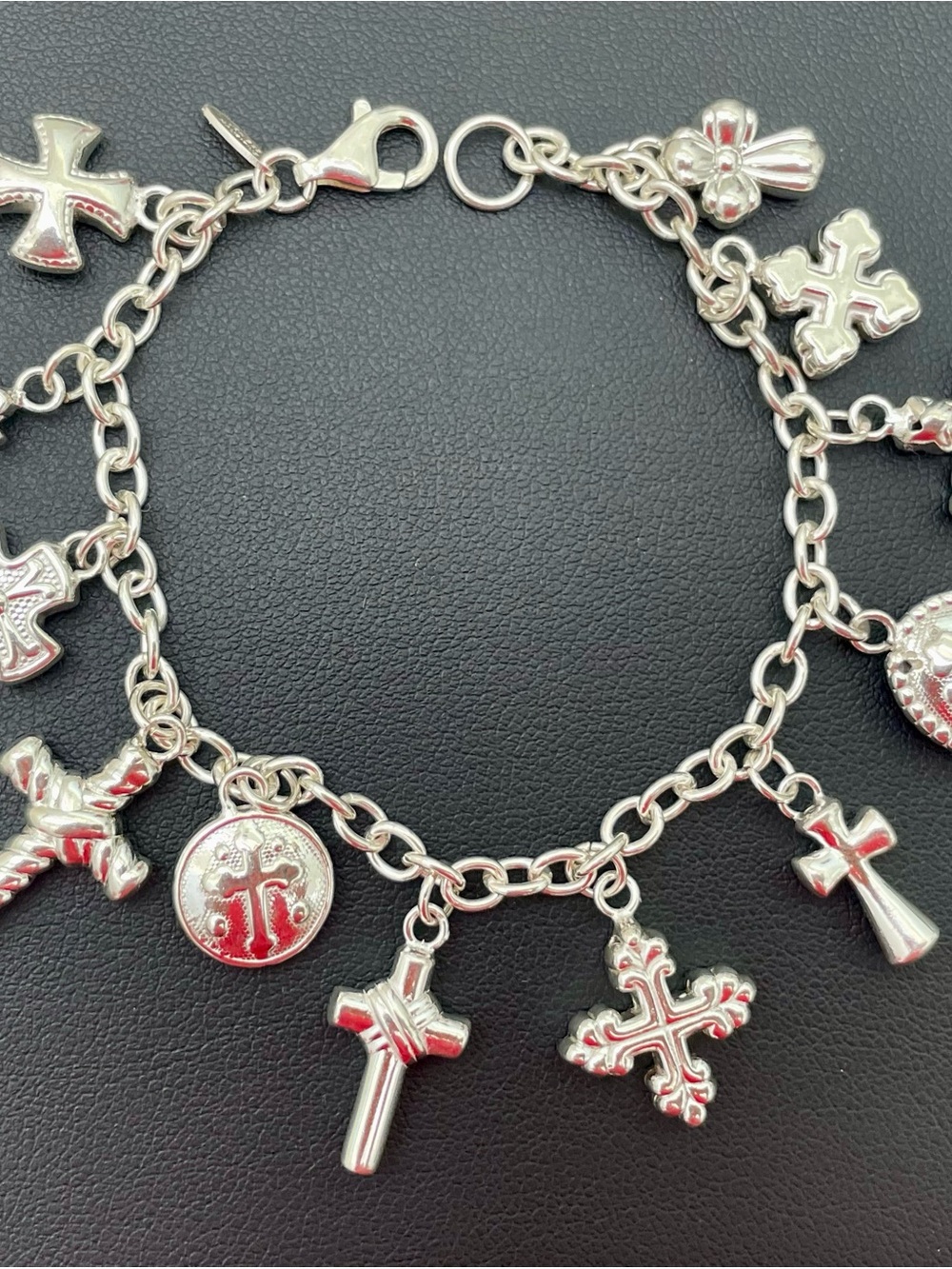 VTG Jacmel Mauritius Sterling Silver Christian Cross Charm Bracelet 925 12 Charm